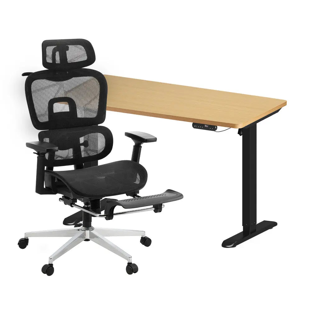 Black and Oak Sit Stand Office Desk and Ergonomic Mesh Chair Set