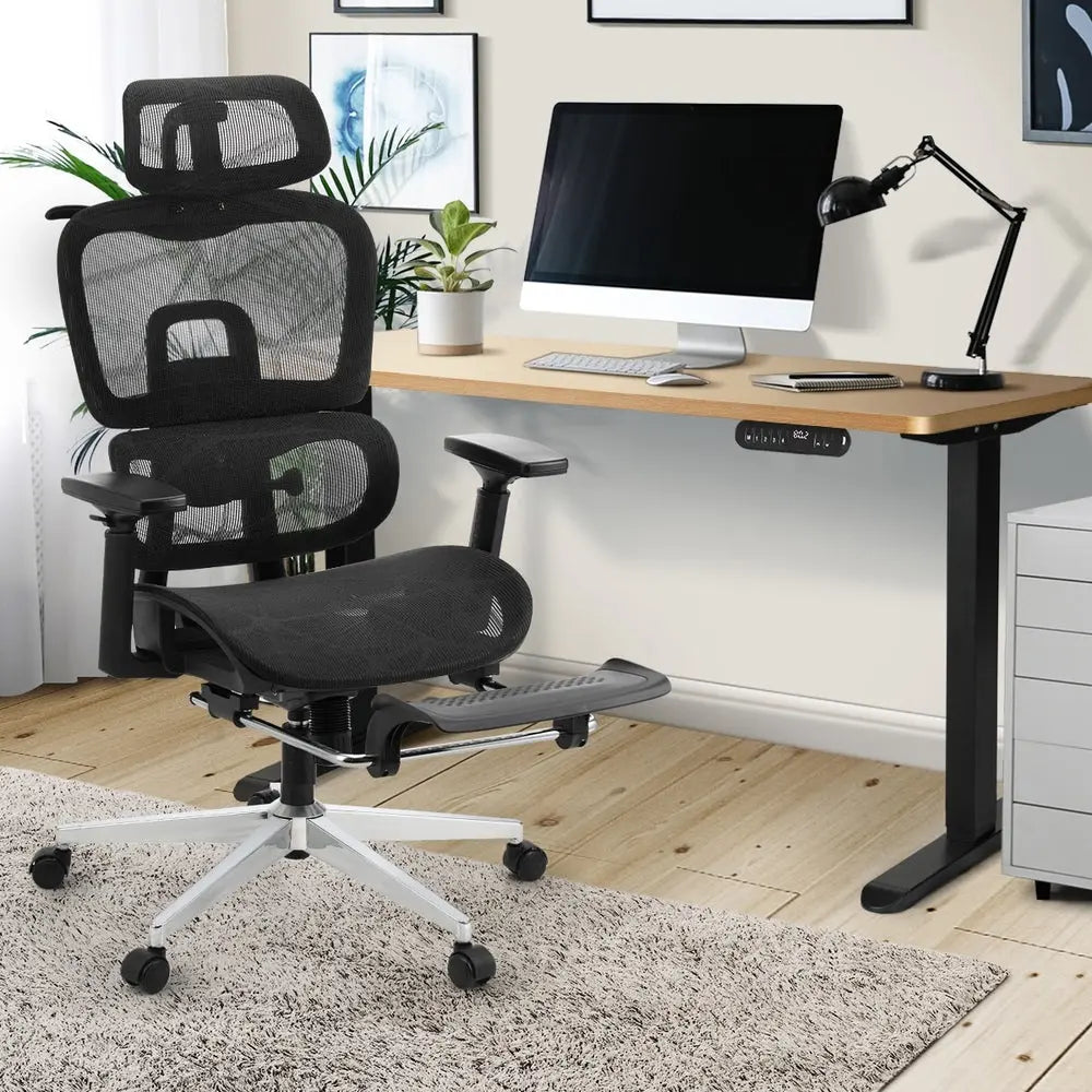 Black and Oak Sit Stand Office Desk and Ergonomic Mesh Chair Set