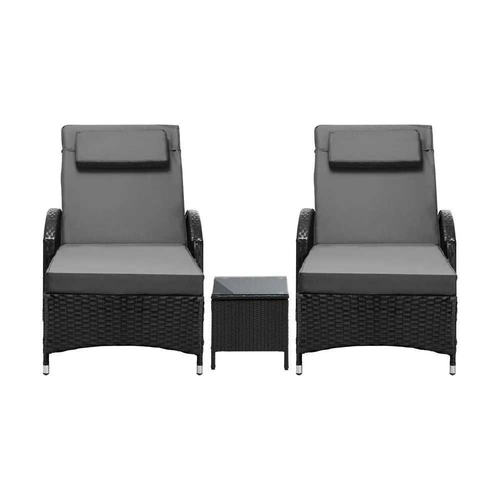 2pcs Wheeled Sun Loungers with Table Outdoor Set Black
